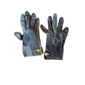 vintage Anne Klein blue leather gloves with gold buttons